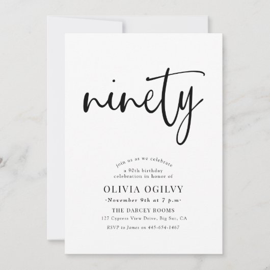 90e B & W Verjaardagsfeest Moderne Script Typograf Kaart (Voorkant)