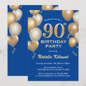 90e Birthday Blue en Gold Glitter Balloons Kaart (Voorkant / Achterkant)