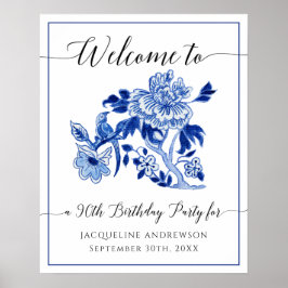 90e Birthday Blue en White Chinoiserie Floral Poster