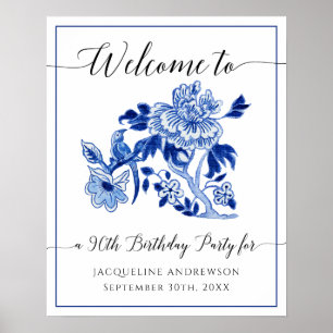 90e Birthday Blue en White Chinoiserie Floral Poster