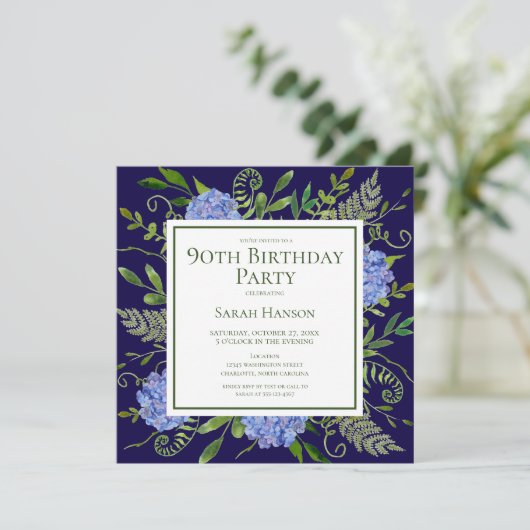 90e Birthday Blue Hydrangeas Floral Waterverf Kaart (Staand voorkant)