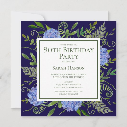 90e Birthday Blue Hydrangeas Floral Waterverf Kaart (Voorkant)