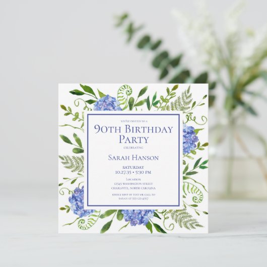 90e Birthday Blue Hydrangeas Floral Waterverf Kaart (Staand voorkant)