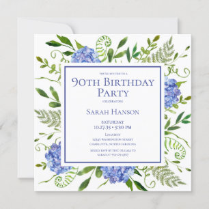 90e Birthday Blue Hydrangeas Floral Waterverf Kaart