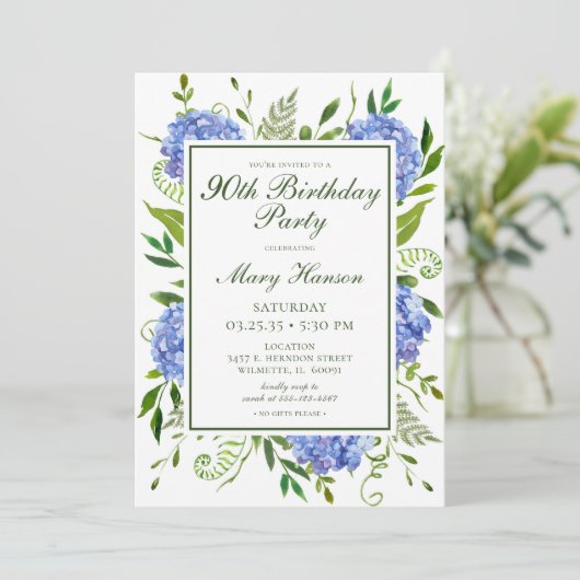 90e Birthday Blue Hydrangeas Floral Waterverf Kaart (Staand voorkant)