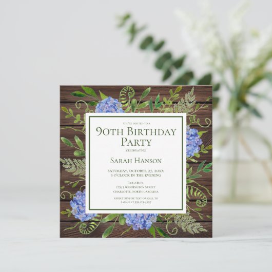 90e Birthday Blue Hydrangeas Floral Waterverf Kaart (Staand voorkant)