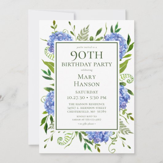 90e Birthday Blue Hydrangeas Floral Waterverf Kaart (Voorkant)