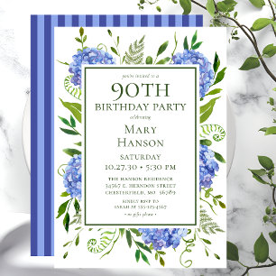 90e Birthday Blue Hydrangeas Floral Waterverf Kaart