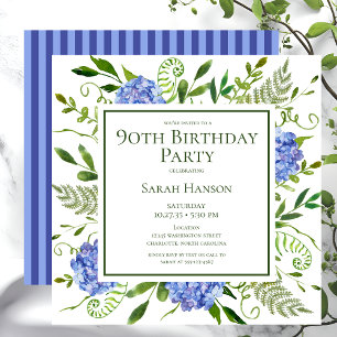 90e Birthday Blue Hydrangeas Floral Waterverf Kaart