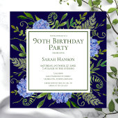 90e Birthday Blue Hydrangeas Floral Waterverf Kaart