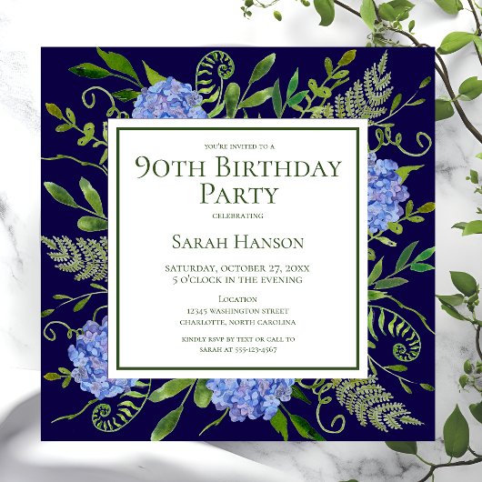 90e Birthday Blue Hydrangeas Floral Waterverf Kaart