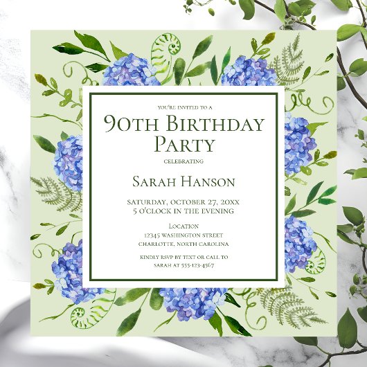 90e Birthday Blue Hydrangeas Floral Waterverf Kaart