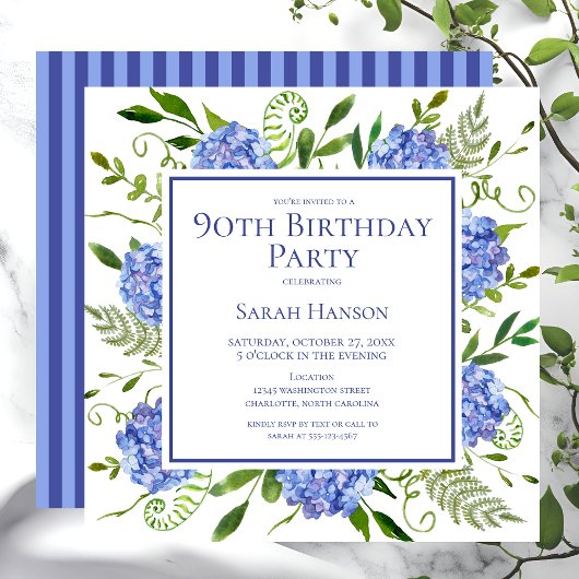90e Birthday Blue Hydrangeas Floral Waterverf Kaart