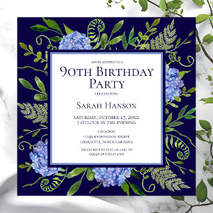 90e Birthday Blue Hydrangeas Floral Waterverf Kaart