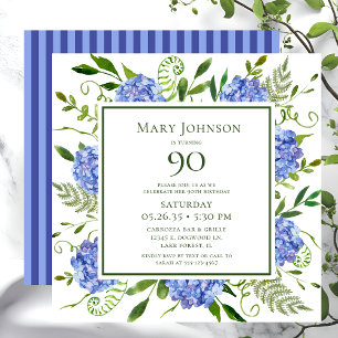 90e Birthday Blue Hydrangeas Floral Waterverf Kaart