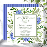 90e Birthday Blue Hydrangeas Floral Waterverf Kaart<br><div class="desc">Deze blauwe hydrangea 90th verjaardagsfeest/troep uitnodiging is onvoorstelbaar en verbluffend! Met zijn waterverf blauwe hydrangea met meerdere hoeken, een wijze natuurlijke groenery, en het coördineren blauwe gestreept terug is het perfect voor elke jonge vrouw waar je van houdt. Door deze sjabloon aan te passen en uw informatie in te typen...</div>