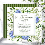 90e Birthday Blue Hydrangeas Floral Waterverf Kaart<br><div class="desc">Deze blauwe hydrangea 90th verjaardagsfeest/brunch uitnodiging is onvoorstelbaar en verbluffend! Met zijn waterverf blauwe hydrangea met meerdere hoeken, een wijze natuurlijke groenery en het coördineren van groene striped is het perfect voor elke vrouw die je liefhebt. Door deze sjabloon aan te passen en uw informatie in te typen kunt u...</div>