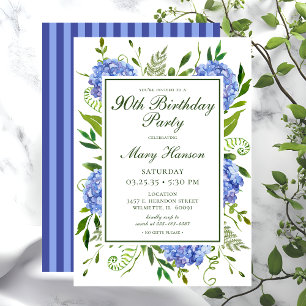 90e Birthday Blue Hydrangeas Floral Waterverf Kaart