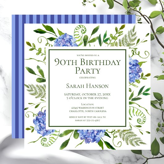 90e Birthday Blue Hydrangeas Floral Waterverf Kaart