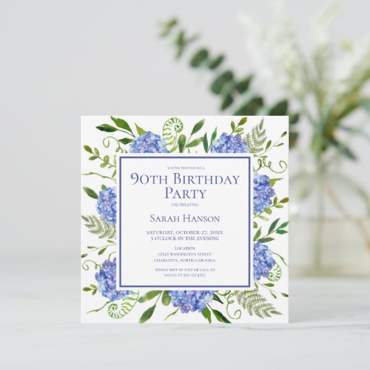 90e Birthday Blue Hydrangeas Floral Waterverf Kaart (Staand voorkant)