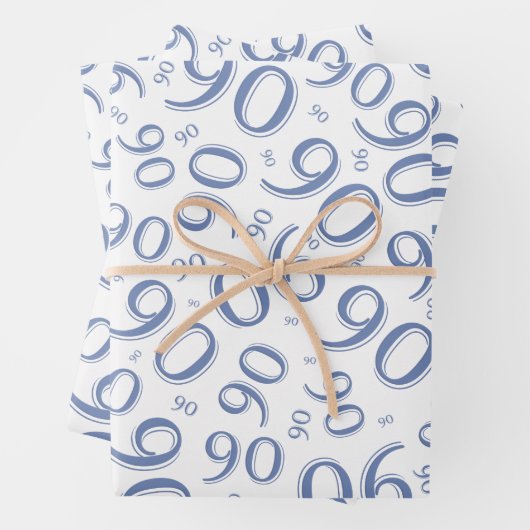 90e Birthday Blue & White Random Number Pattern Inpakpapier Vel (In situ)