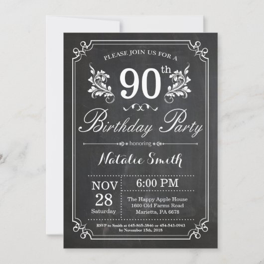 90e Birthday Invitation Floral Chalkboard Kaart (Voorkant)
