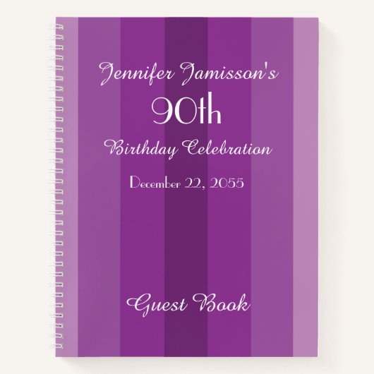 90e Birthday Party Guest Book Paars Stripe Notitieboek (Voorkant)