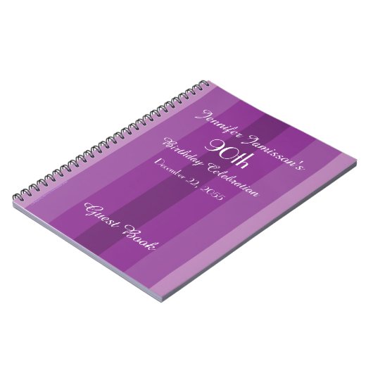90e Birthday Party Guest Book Paars Stripe Notitieboek (Linkerzijde)