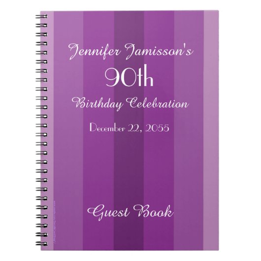 90e Birthday Party Guest Book Paars Stripe Notitieboek (Voorkant)