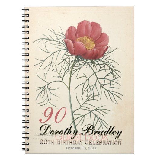90e Birthday Party Peony Custom Guest Book Notitieboek (Voorkant)