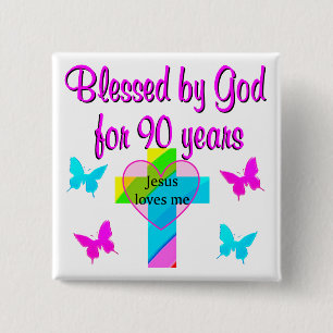 90E BIRTHDAY PRAYER VIERKANTE BUTTON 5,1 CM