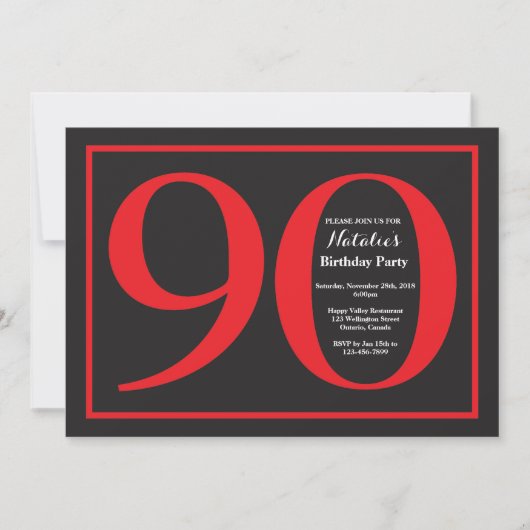 90e Birthday Red en zwart karton Kaart (Voorkant)