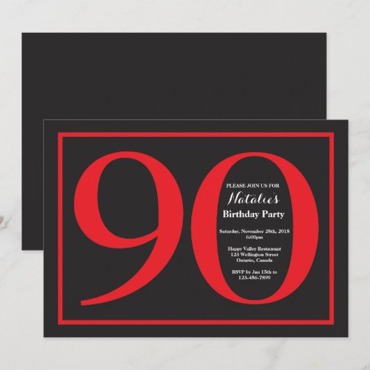 90e Birthday Red en zwart karton Kaart (Voorkant / Achterkant)