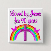 90E BIRTHDAY VAN JESUS VIERKANTE BUTTON 5,1 CM (Voorkant)