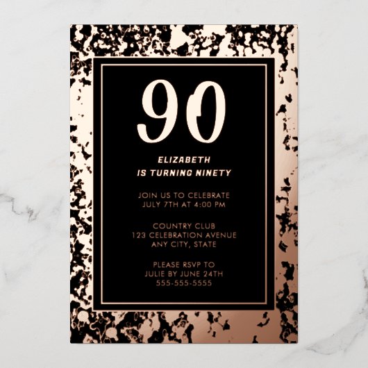 90e Black Rose Goud Foto op Achterkant Aangepaste  Folie Uitnodiging (Voorkant)