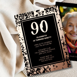 90e Black Rose Goud Foto op Achterkant Aangepaste Folie Uitnodiging