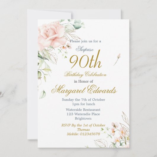 90e Bloemen Rozen Blauw Goud Elegante Foto Verjaar Kaart (Voorkant)