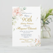 90e Bloemen Rozen Blauw Goud Elegante Foto Verjaar Kaart (Staand voorkant)