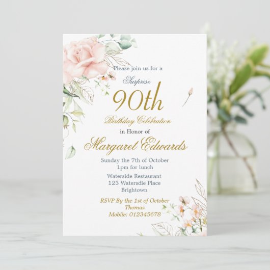 90e Bloemen Rozen Blauw Goud Elegante Foto Verjaar Kaart (Staand voorkant)