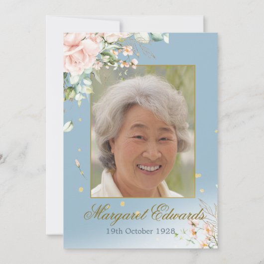 90e Bloemen Rozen Blauw Goud Elegante Foto Verjaar Kaart (Achterkant)
