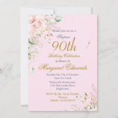 90e Bloemen Rozen Roze Goud Elegante Verjaardag Kaart (Voorkant)