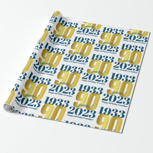 90e bruine goudverlooppapier (Birthday Blue Gold) Cadeaupapier (Uitgerold)