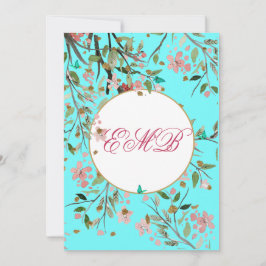 90e Floral Aqua Blue Elegant Monogram Birthday Kaart