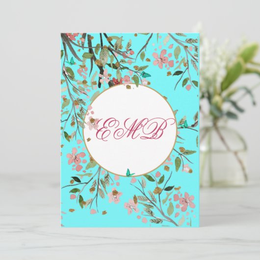 90e Floral Aqua Blue Elegant Monogram Birthday Kaart (Staand voorkant)