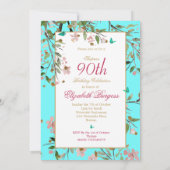 90e Floral Aqua Blue Elegant Monogram Birthday Kaart (Achterkant)
