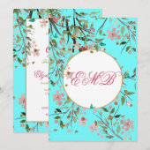 90e Floral Aqua Blue Elegant Monogram Birthday Kaart (Voorkant / Achterkant)