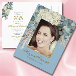 90e Floral Blue Gold Elegant Foto Birthday Briefkaart