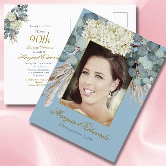 90e Floral Blue Gold Elegant Foto Birthday Briefkaart
