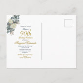 90e Floral Blue Gold Elegant Foto Birthday Briefkaart (Achterkant)