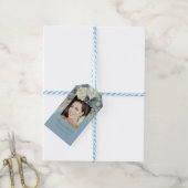 90e Floral Blue Gold Elegant Foto Birthday Cadeaulabel (Met Touw)